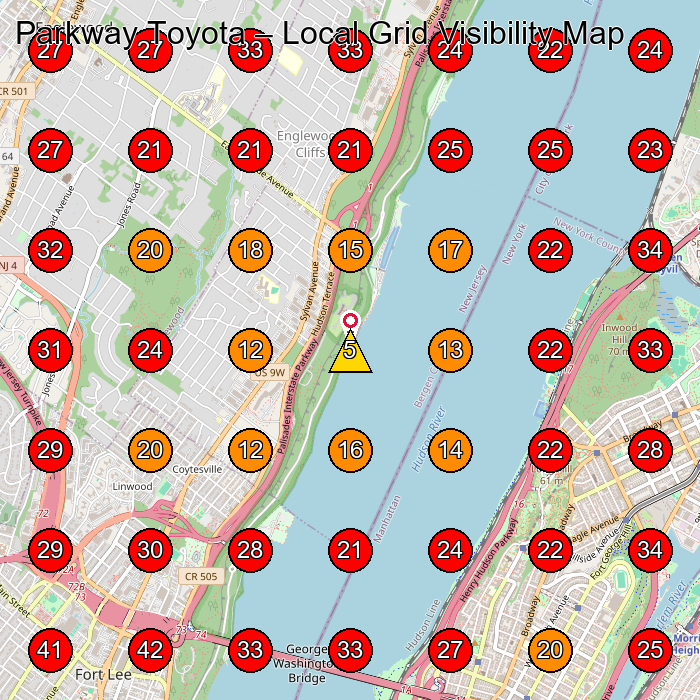 Parkway Toyota GeoGrid visibility map for Used Car Dealer in Fort Lee